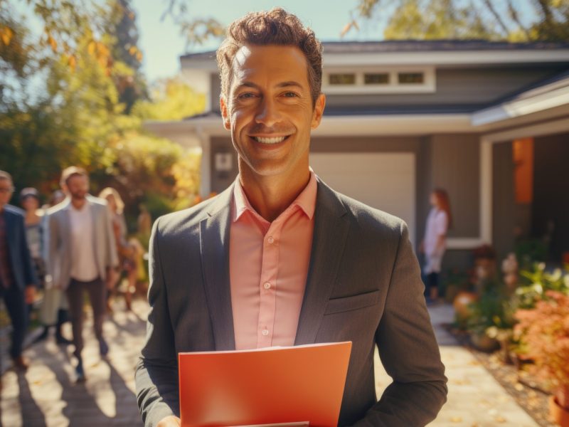 Real estate agent holding sign for open house. Generative AI